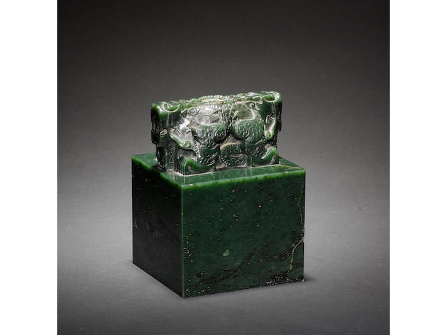 A large spinach jade square lion-handled seal