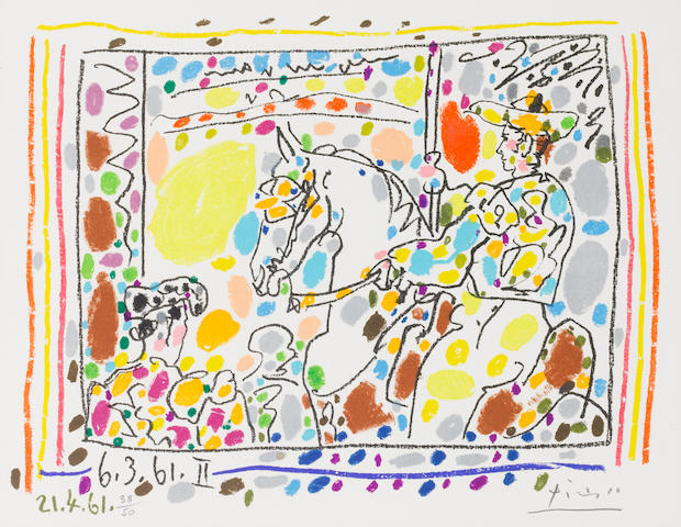 Pablo Picasso (Spanish, 1881-1973) A Los Toros avec Picasso: Le Picador II Lithograph printed in colours, 1961, on wove, signed and numbered 38/50 in pencil, 205 x 270mm (8 1/8 x 10 5/8in)(I)