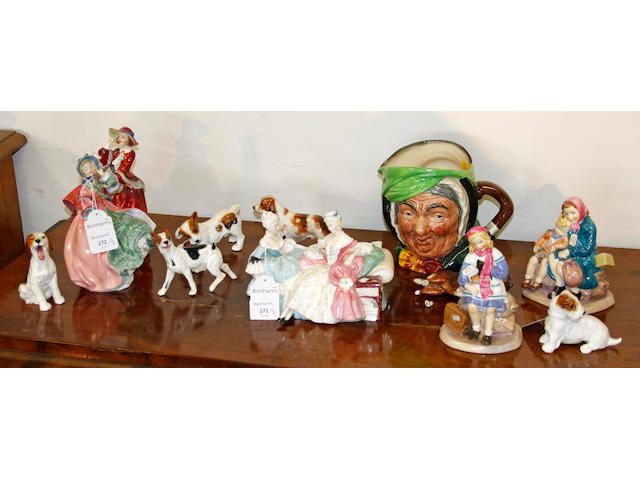 Three Doulton figures: Top o'the hill,HN1834, The Love Letter, HN2149, and Spring morning (no HN number), two Royal Worcester figures: Evacuees stowaway, both by E A Soper, a doulton large jug, Sainey Gamp and six various doulton small dogs (12)