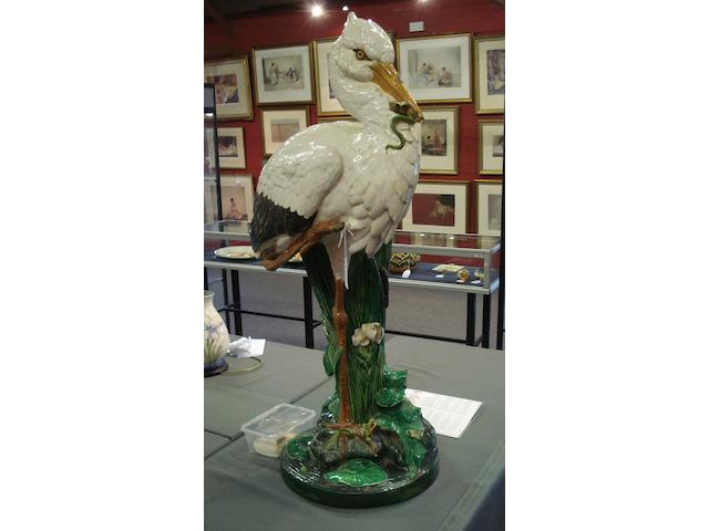An impressive Minton Majolica heron stick stand, by John Henk Dated 1896
