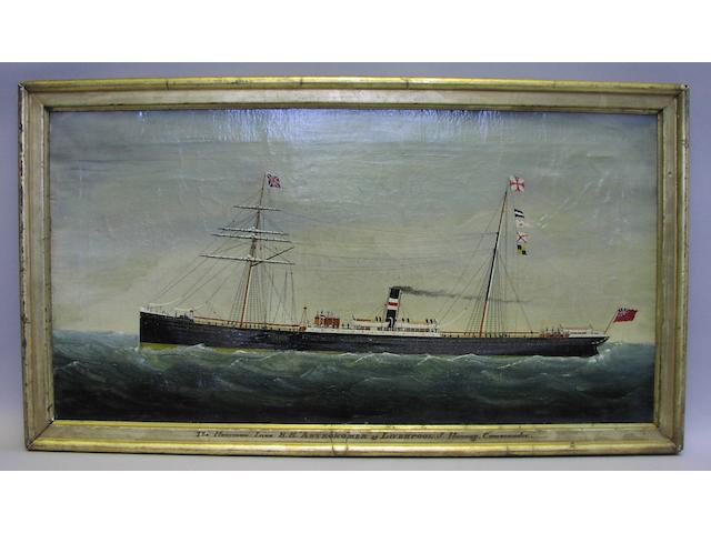 English School, 19th century. The Harrison Line steamship Astronomer at sea. 14.5x28.5in. (37x72cm)