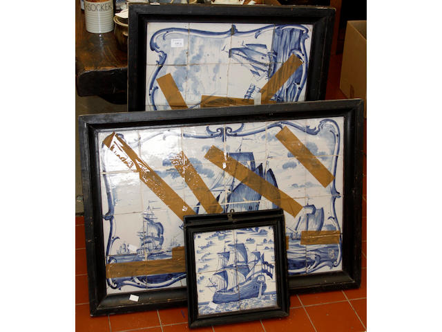 Two large 18th century delft tile panels of ships at sea, 52 x 78cm