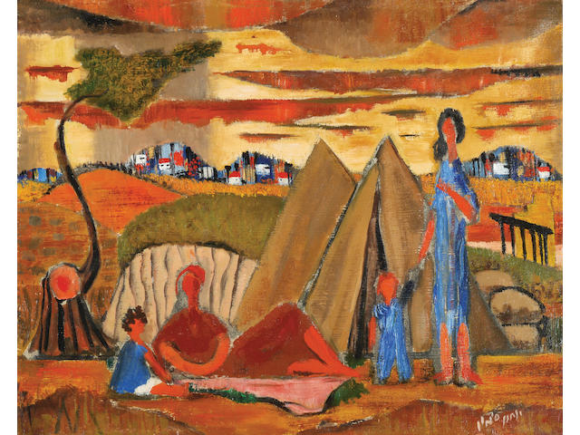 Yohanan Simon (Israeli, 1905-1976) Figures in a kibbutz