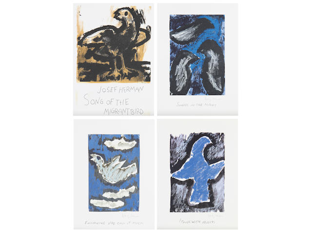 Josef Herman (British, 1911-1999) Song of the Migrant Bird Boxed set, complete with justification, index and 54 lithographs printed in colours, on Somerset mould, each image signed in pencil, the justification page inscribed 'P/P III/IV', printed by the Curwen Press, Chilford, with their blindstamp on each image, in the original burgundy linen covered box, with gold embossed title on the front board, 324 x 230 mm (12 3/4 x 9 in) (box) (54)
