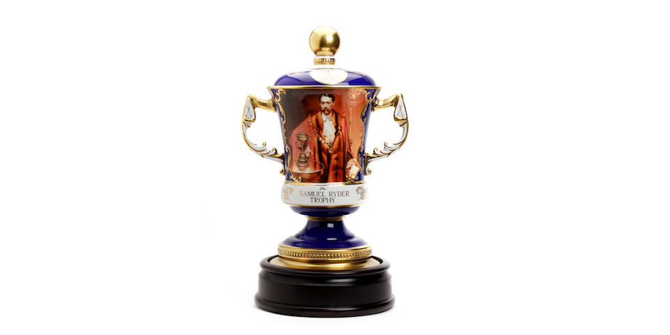 A hand-painted bone china 2-handled trophy with lid showing Samuel Ryder