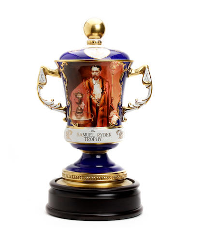A hand-painted bone china 2-handled trophy with lid showing Samuel Ryder