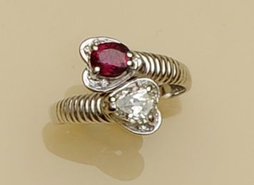 A ruby and diamond crossover ring