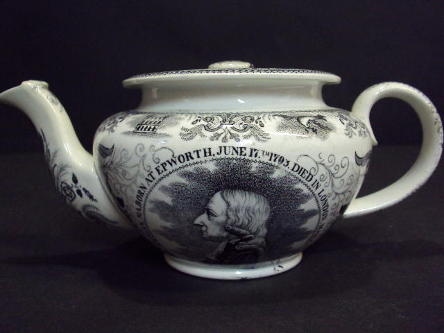 A black-printed John Wesley teapot