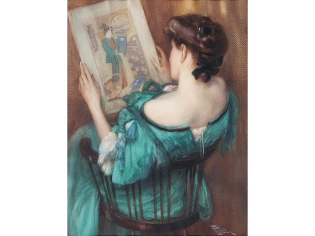 Fernand Toussaint (Belgian, 1873-1955) Woman studying a Japanese print 53.5 x 40.5cm.