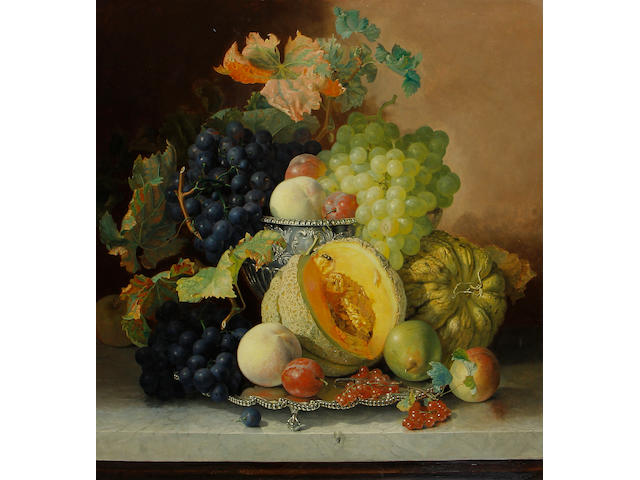 Eloise Harriet Stannard (British, circa 1828-1915) A platter of fruit on a marble ledge