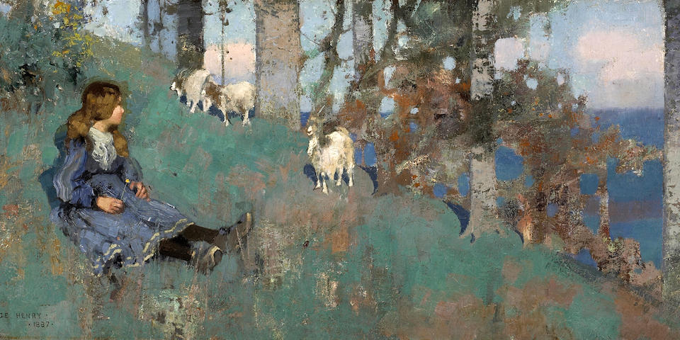 George Henry, RA RSA RSW (British, 1858-1943) The Goat Herd 33 x 76.5 cm. (13 x 30 in.)