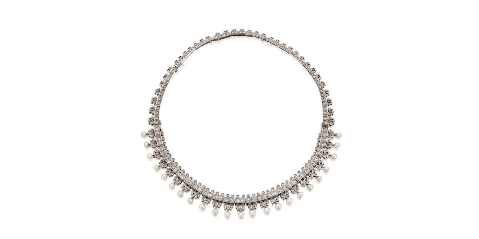 A late 19th century pearl and diamond necklace/tiara