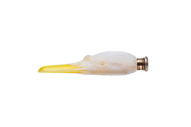 A Victorian cameo glass scent bottle in the shape of a swan's head