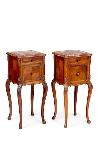 A pair of Louis XV style walnut and marble bedside cabinets French, circa 1890