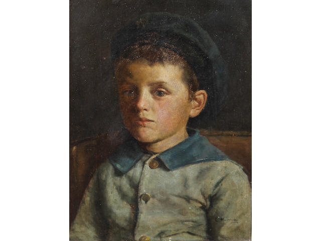 Edwin Harris, RBSA (British, 1855-1906) Portrait of a young boy, bust length, in a blue jacket and cap