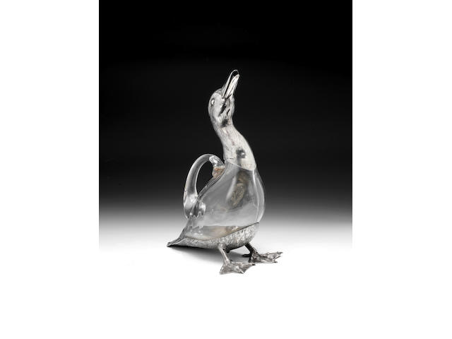 A late Victorian silver and clear glass novelty 'duck' claret jug, by Alexander Crichton, London 1881,