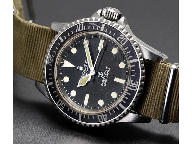 Rolex. A rare stainless steel automatic centre seconds Military Issue wristwatch with a wonderful Military family provenance and W10 marked case backSubmariner, Ref:5513, Made in 1972, Issued in 1977