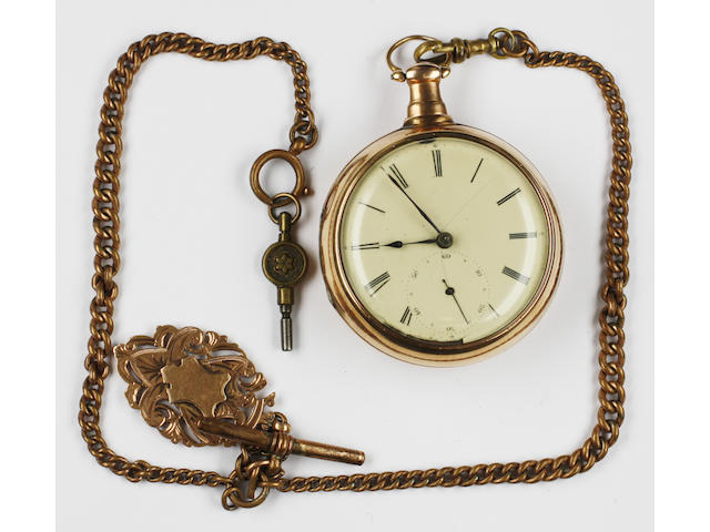 An 18 carat gold pair cased pocket watch by John Alker of Wigan on plated chain with 9 carat fob