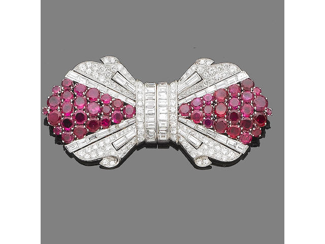 An Art Deco ruby and diamond double-clip brooch,