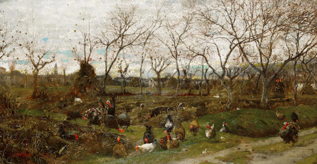 Luigi Nono (Italian, 1850-1918) Paesaggio d'autunno con tacchini