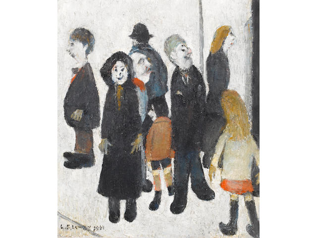 Laurence Stephen Lowry R.A. (British, 1887-1976) Group of People with the Artist 37.5 x 32 cm. (14 3/4 x 12 1/2 in.)