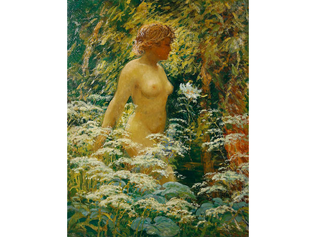 Karel Langer (Czech, 1878-1947) A female nude in a field of flowers