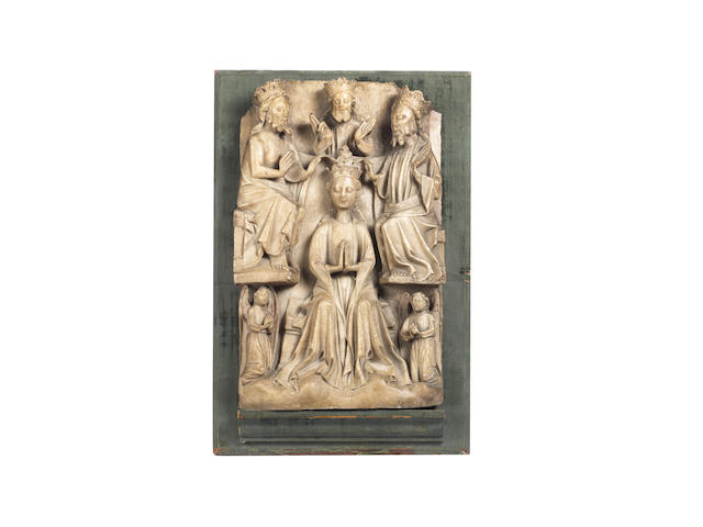 A 15th century Nottingham alabaster relief depicting the Coronation of the Virgin