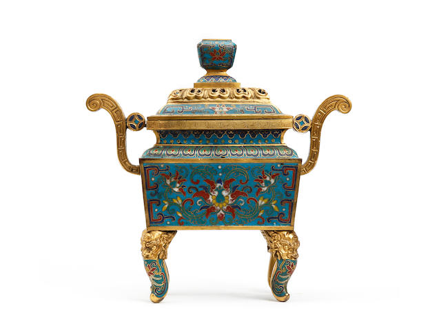 A Cloisonn&#233; rectangular four-legged vessel and cover 18th/19th Century