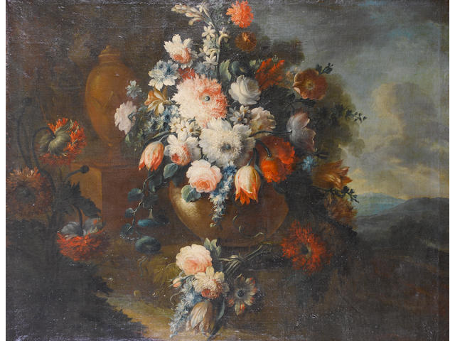 Michele Antonio Rapous (Piedmont 1733-1819) Roses, tulips, carnations and other flowers in a stone vase, beside another vase in a landscape;  (2)