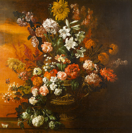 Jean-Baptiste Belin de Fontenay (Caen 1653-1715 Paris) A still life of lilies, roses, sunflowers, poppies and other flowers in a gilt bronze vase on a stone ledge with a Red Admiral and a Cabbage White butterfly image 1