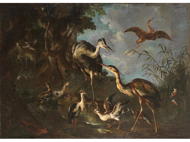 Giovanni Crivelli, called il Crivellino (?Milan -1760 Parma) A wooded landscape with heron, kingfishers, ducks, water rail and other aquatic birds beside a pool