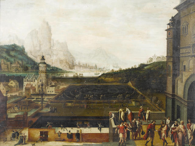 Lucas Gassel (Helmont circa 1500-circa 1570) The grounds of a Renaissance palace with episodes from the story of David and Bathsheba,