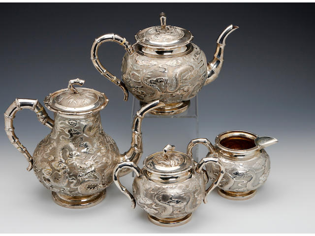 A Chinese silver 4 piece baluster tea & coffee service by KMS, (untraced), possibly Shanghai or Canton circa 1890