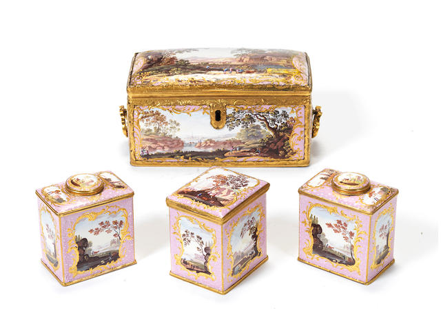 An important South Staffordshire enamel tea caddy and three tea canisters, circa 1770