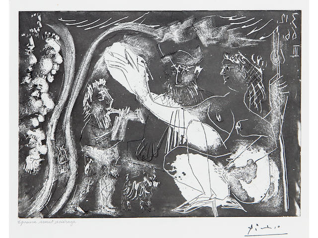 Pablo Picasso (Spanish, 1881-1973) Au Theatre: Couple Avec un Flutiste et un Petit Chien, from 3 December 1966 III (Bloch 1431) Etching, drypoint with aquatint, 1966, on wove, with the artist's stamped signature, inscribed 'epreuve avant acierage' in pencil, one of three proofs before steelfacing, aside from the edition of 50, 220 x 324mm (8 7/8 x 12 3/4in)(PL)