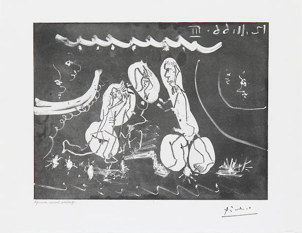 Pablo Picasso (Spanish, 1881-1973) Sous les Feux de la Rampe: Femme Nue Entre Deux Hommes, from 12 Novembre 1966 III (Bloch 1414; Ba. 1429) Etching and aquatint, 1966, on BFK Rives, with the artist's stamped signature, inscribed 'epreuve avant acierage' in pencil, one of three proofs before steelfacing, aside from the edition of 50, 220 x 324mm (8 7/8 x 12 3/4in)(PL)