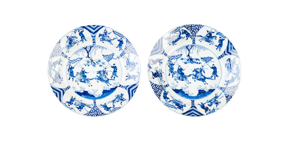 A pair of blue and white deep dishes Bearing six character Chenghua marks but Kangxi