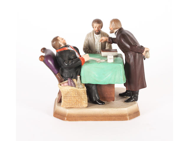 A Russian (Gardner manufactory) coloured bisque figure group "The Rent Collector", late 19th century