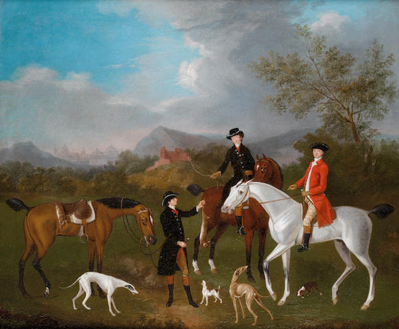 Attributed to Francis Sartorius (London 1734-1804) A coursing party in a landscape, with an architectural  capriccio on the horizon