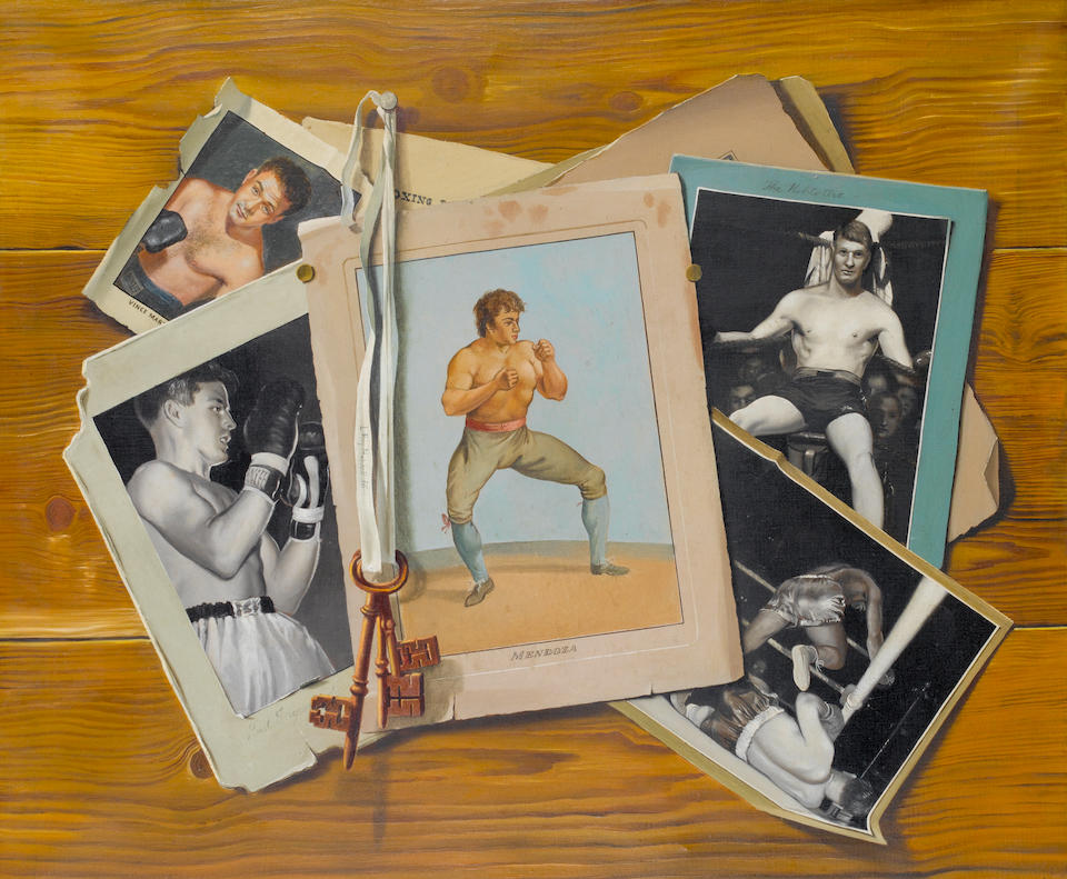 Leslie Roy Hobdell (British, 1911-1961) Boxing greats, a set of three trompe l'oeil paintings of boxing subjects