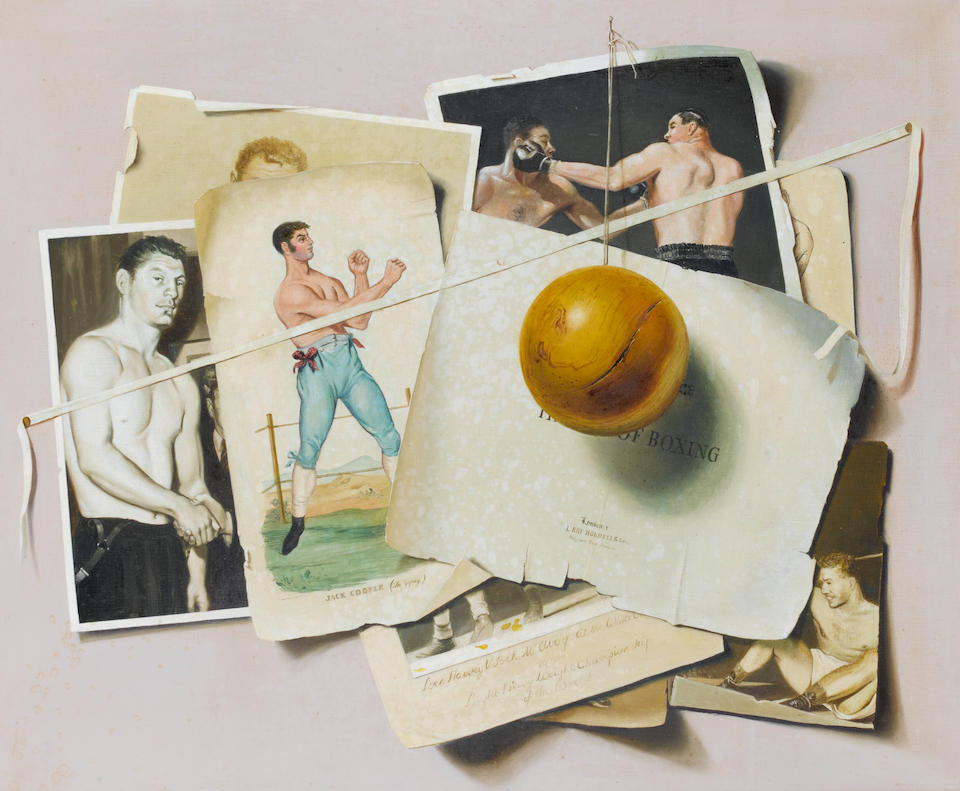 Leslie Roy Hobdell (British, 1911-1961) Boxing greats, a set of three trompe l'oeil paintings of boxing subjects