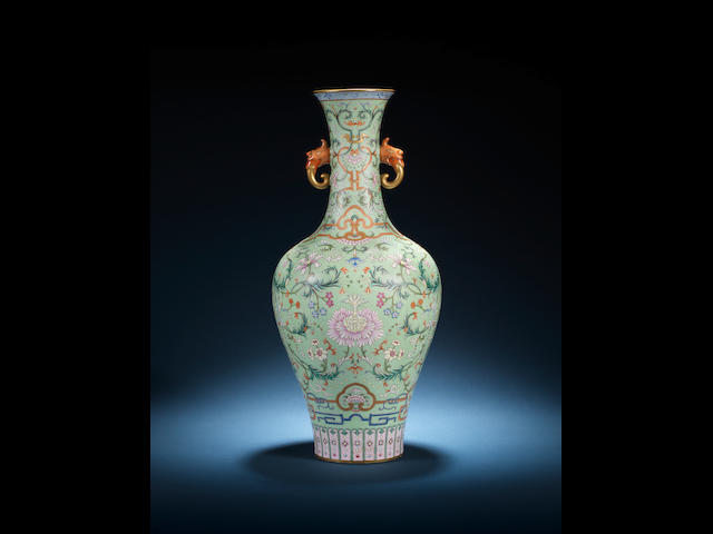 A magnificent famille rose turquoise-ground vase Qianlong seal mark