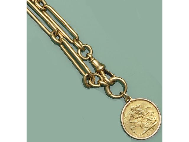An 18ct gold fetter-link Albert chain and an Edward VII sovereign