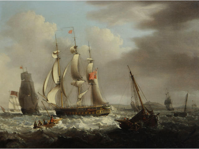 George Webster (British, 1797-1864) A frigate of the Red Squadron off a coast