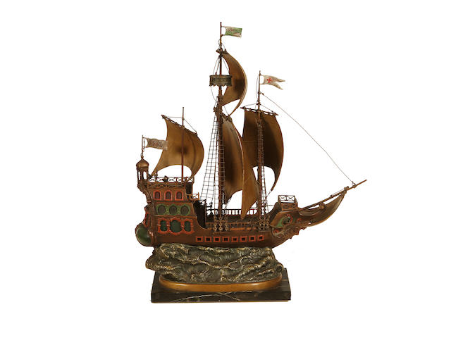 Franz Bergman, Austrian (1861-1936) A large cold painted bronze lamp base modelled as a galleon