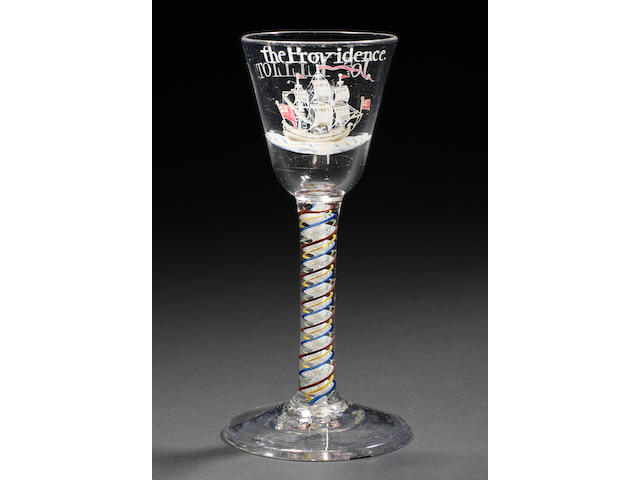 A very rare Beilby enamelled 'Privateer' colour-twist wine glass, dated 1767