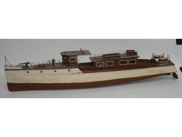 A wooden pond model of a boat