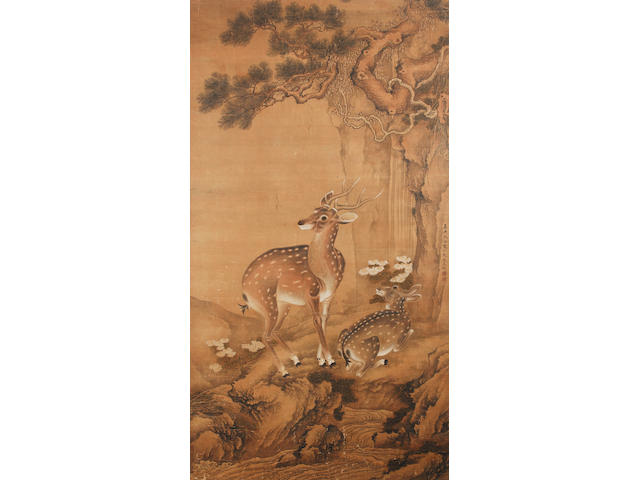 Chinese School: ink and colour on silk depicting a pair of deer. With single-line inscription and two red seals