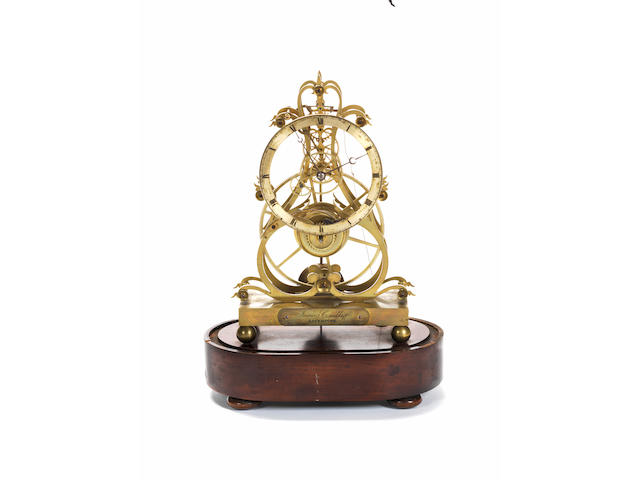 A third quarter of the 19th century gilt brass great wheel skeleton clock with passing strike James Condliff, Liverpool