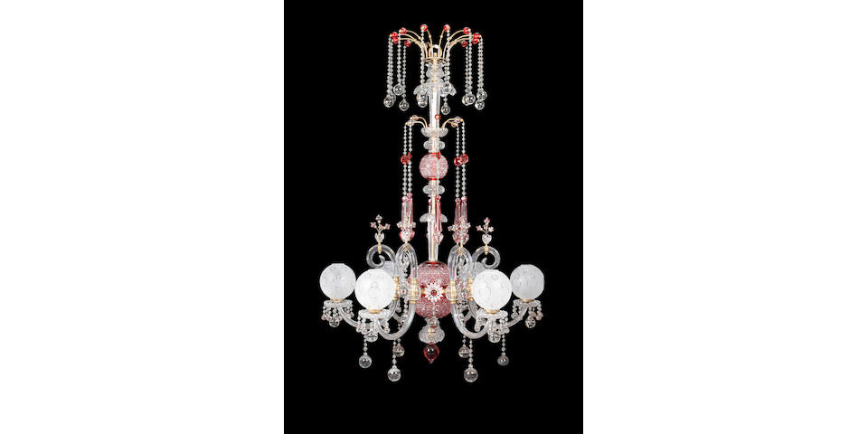 A large 19th century Venetian cut and ruby glass six light chandelier